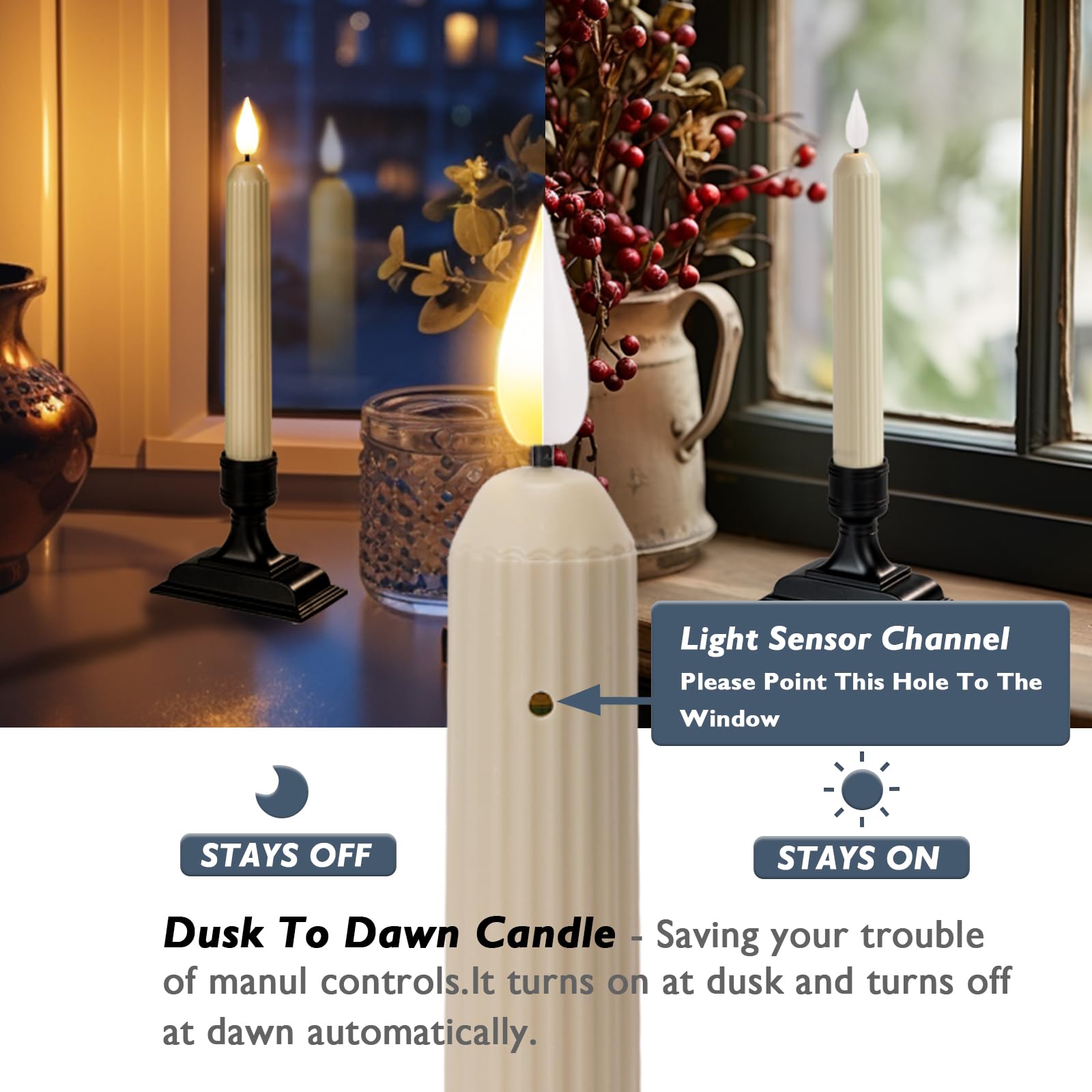 Homemory ivory 7-inch candle with a flickering 3D flame beside a black holder.