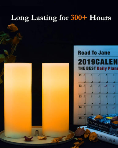 Homemory ivory wax 9-inch pillar candle with realistic evening glow.