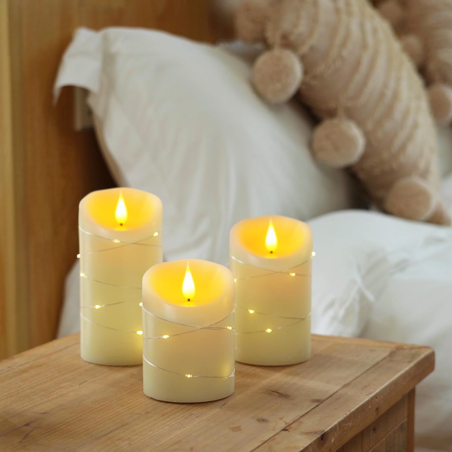 Homemory ivory wax LED candle with 3D wick for natural flicker and realistic look.