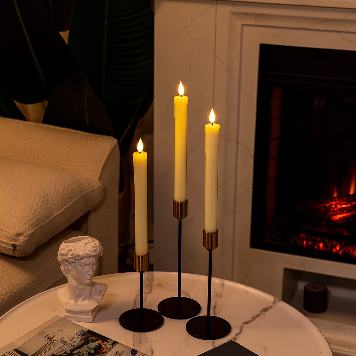Homemory ivory window candle on a mantel creates romantic ambiance