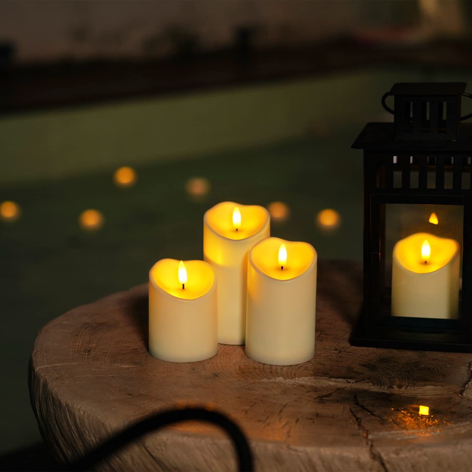 Evening ambiance with Homemory candles showing flicker and steady modes.