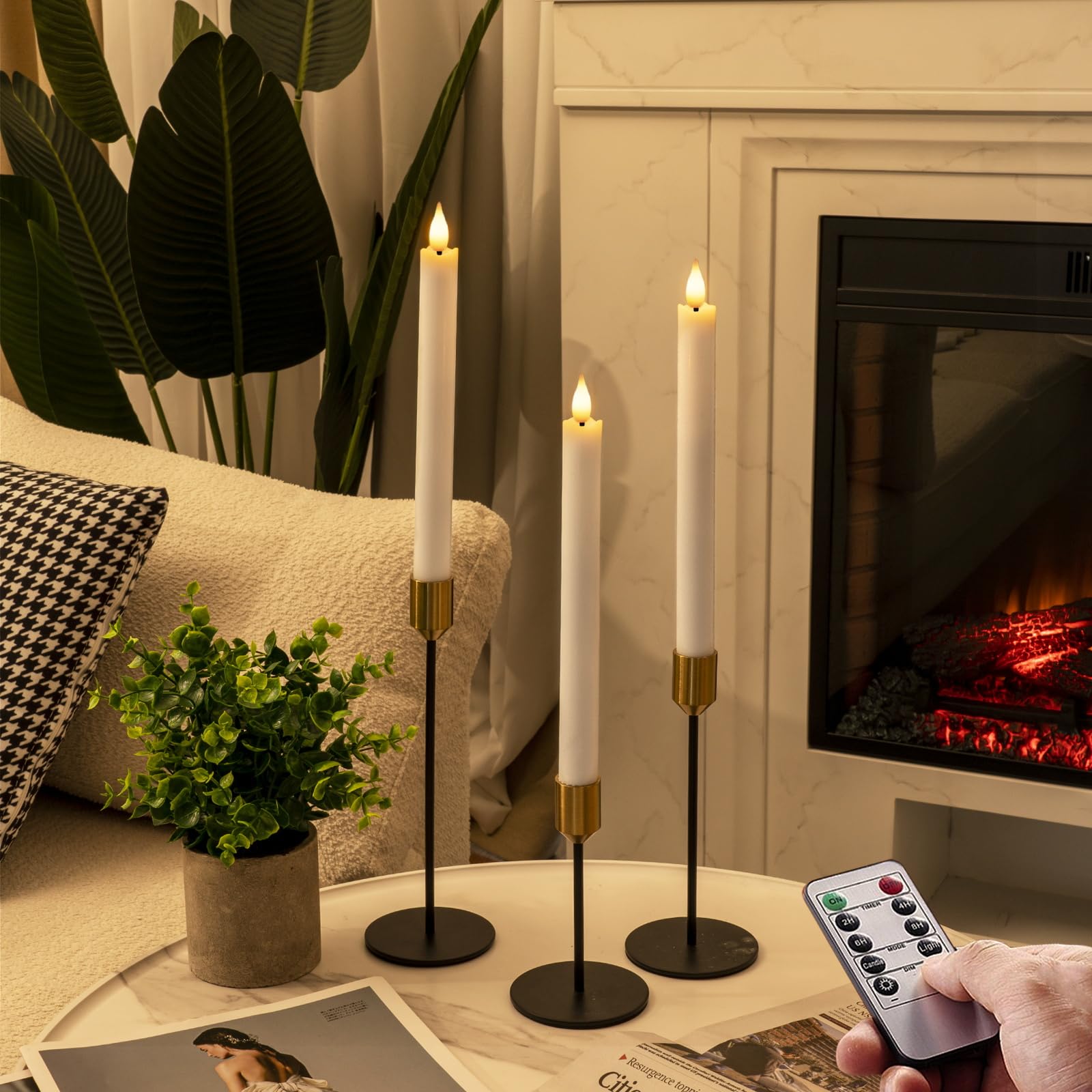 Homemory nine-point-six-inch LED taper candles fit standard candle holders.