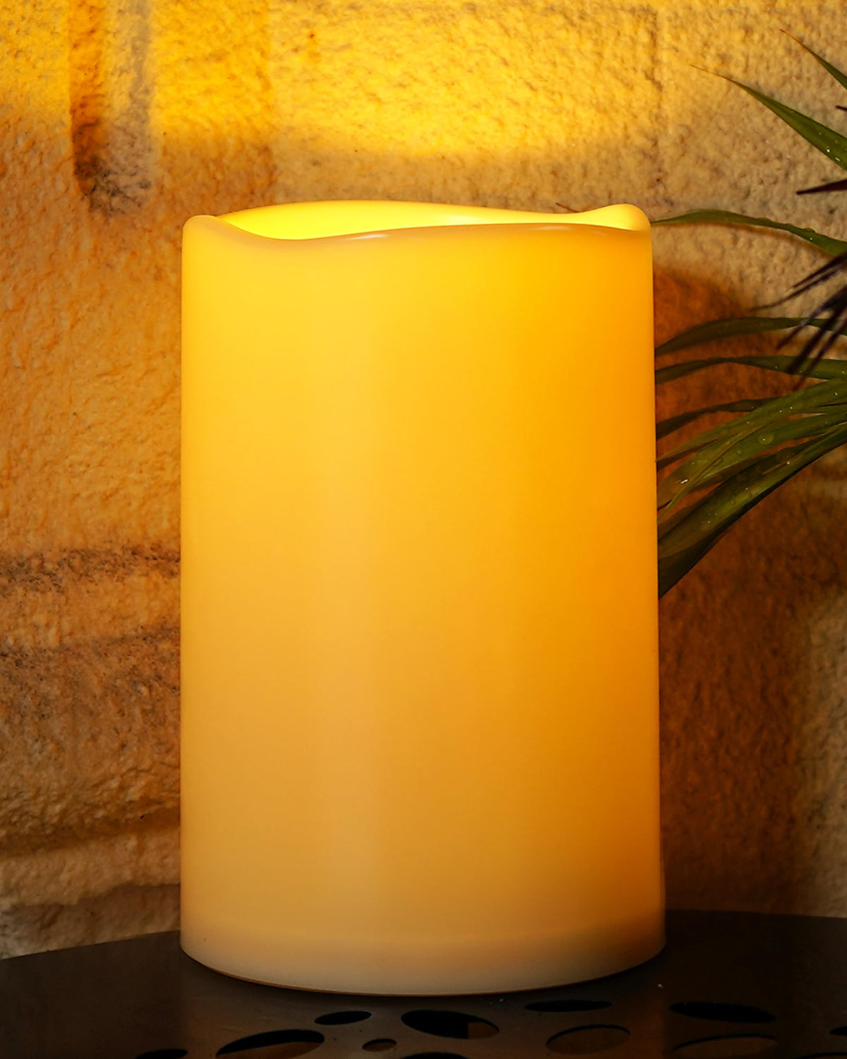 Homemory outdoor candle 6x9 ivory in lantern creates weatherproof outdoor ambiance.