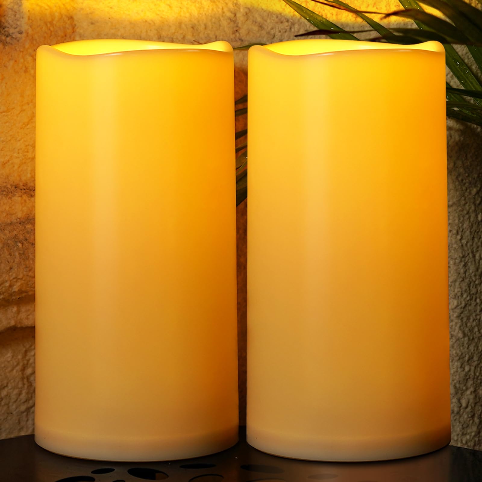 Homemory xl outdoor ivory candle glowing inside a lantern for outdoor ambiance