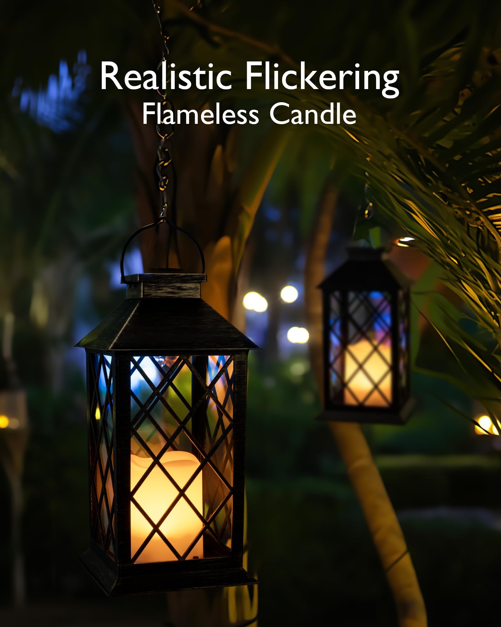 Nighttime patio scene with Homemory lanterns casting a soft, warm glow.