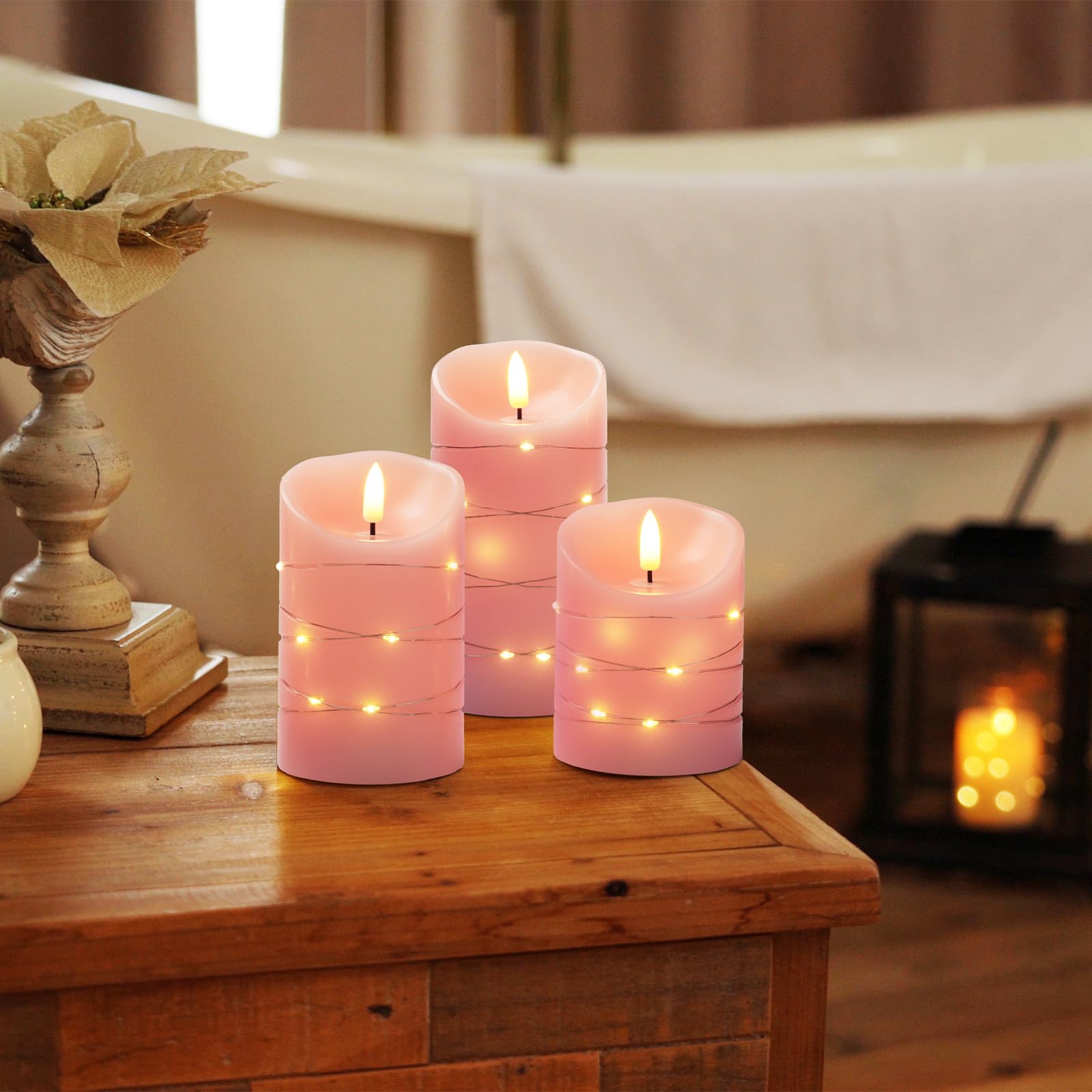 Homemory pink real wax candle with 3D wick flickers naturally without flame.