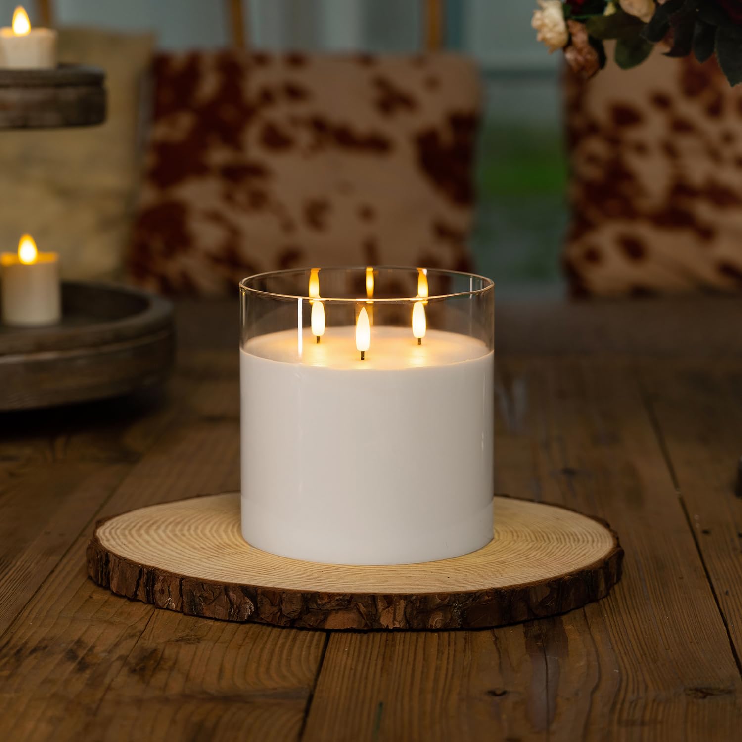 Homemory real wax candle appearance inside a clear glass holder.