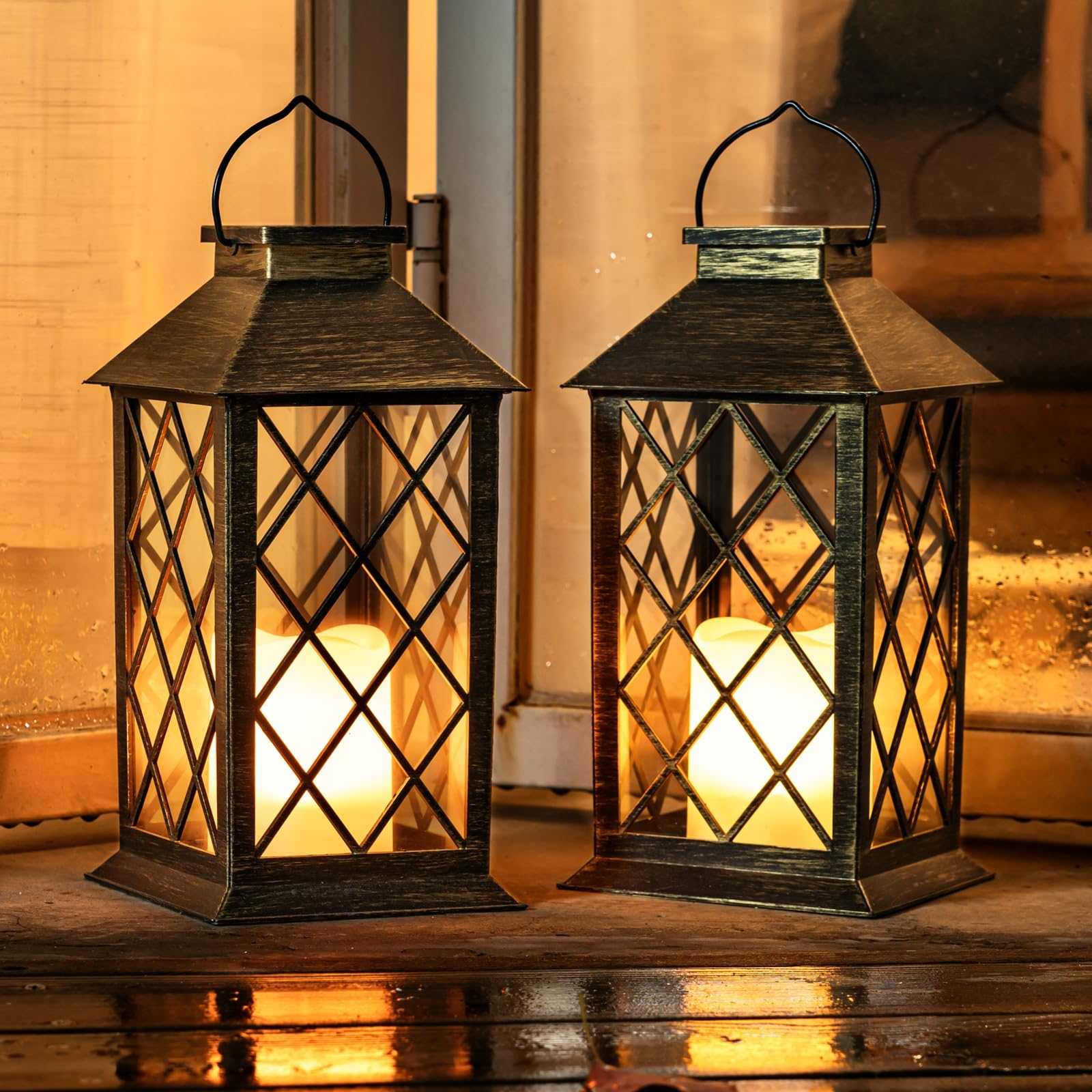 Homemory solar lanterns glow on a bronze porch at dusk for inviting ambience.
