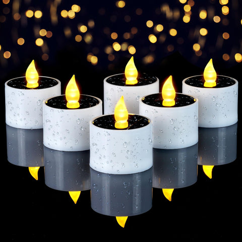 Homemory solar tea candle on a lantern provides safe, flickering outdoor light.