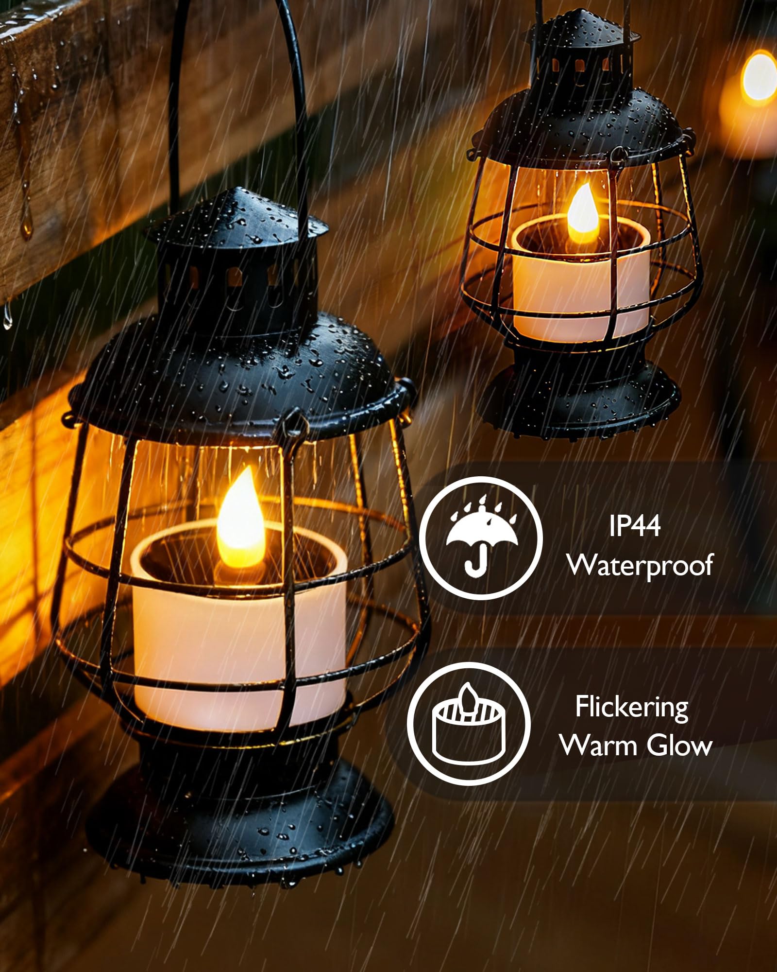 Homemory solar tea candle placed on a lantern for decorative outdoor lighting.