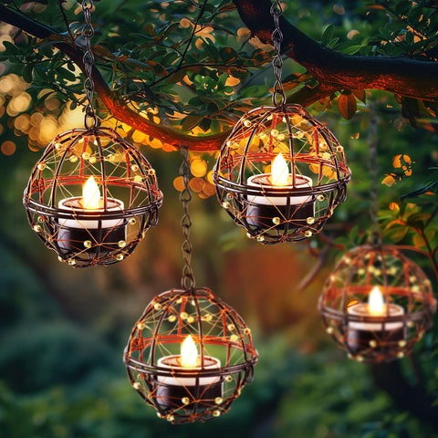 Homemory solar tea lights hanging lanterns illuminate patios with eco-friendly glow.
