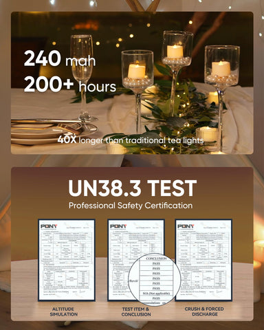 Homemory tea lights use UN38.8-certified batteries for reliable performance.