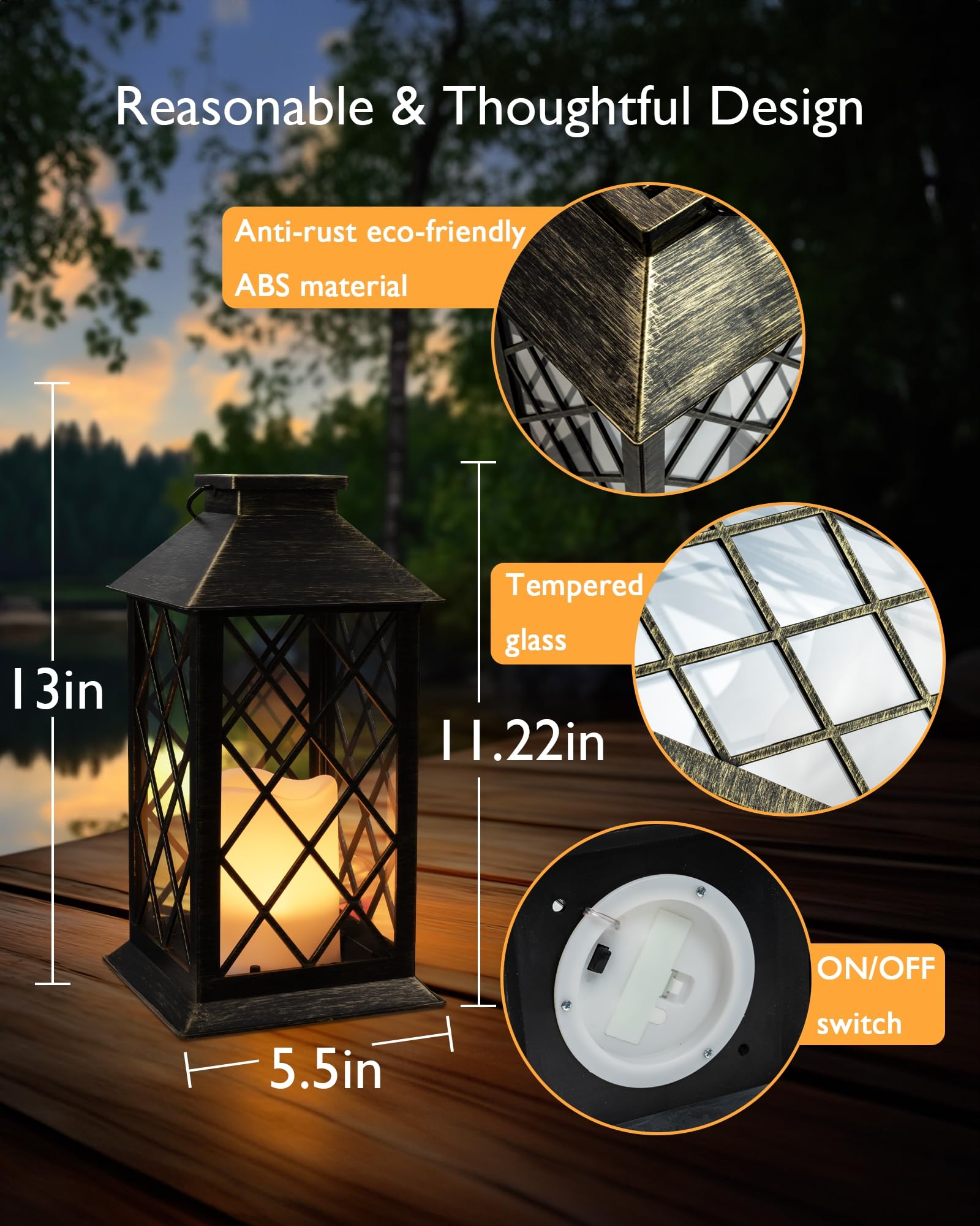 Tempered glass and bronze finish give a premium look to the Homemory lantern.