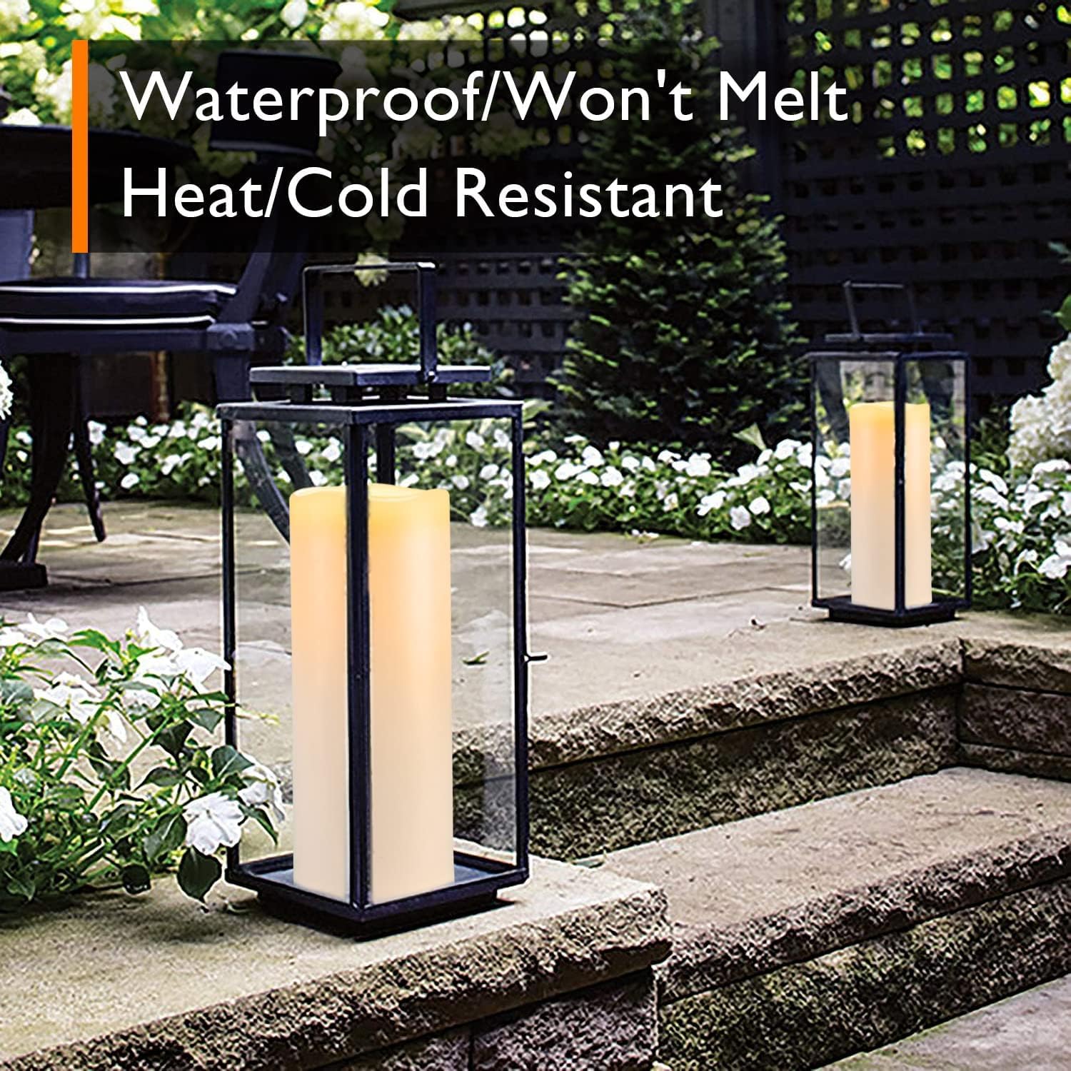 Homemory waterproof IPX5 candle withstands rain and sun without melting.