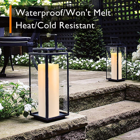 Homemory waterproof IPX5 candle withstands rain and sun without melting.