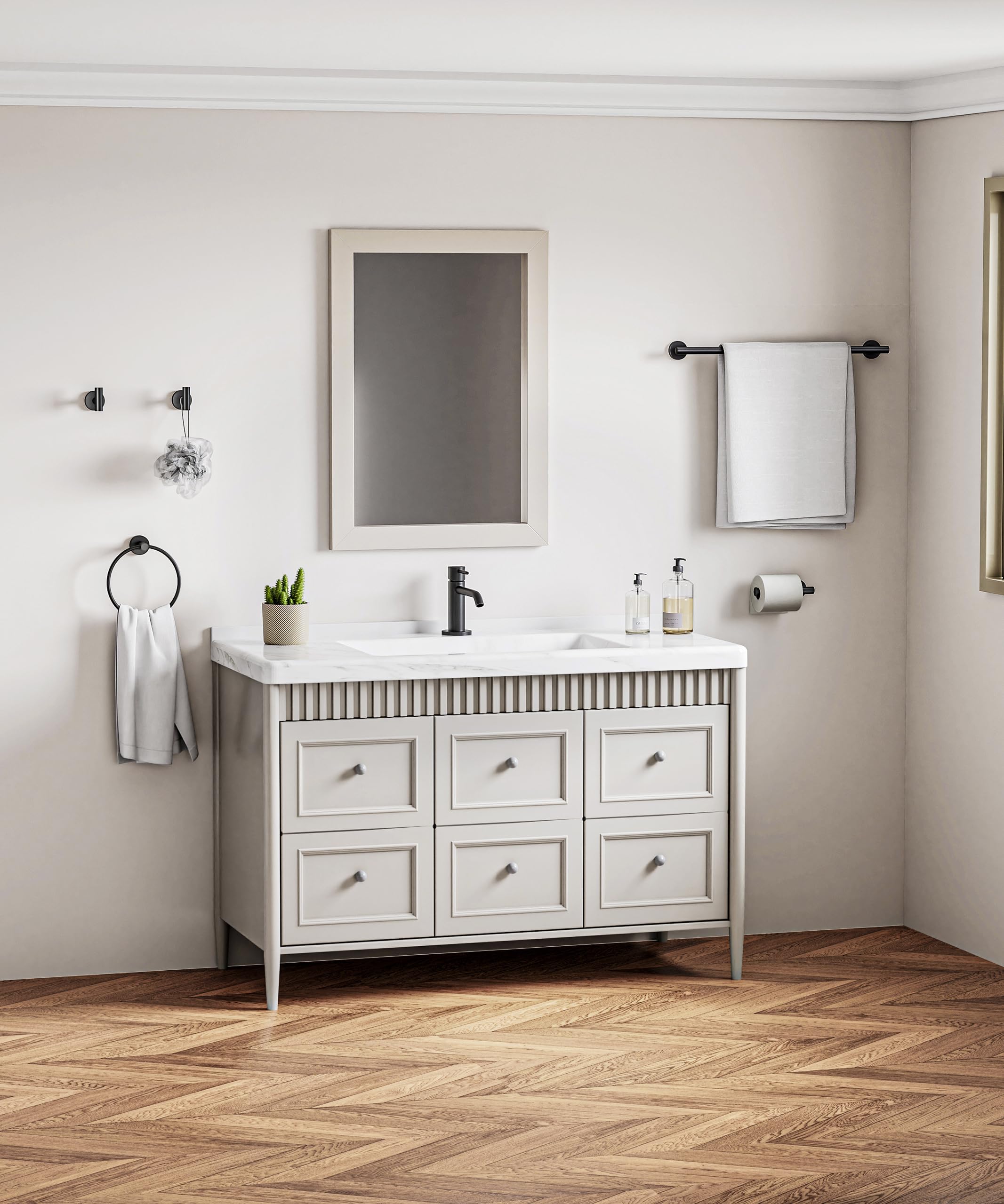 Homemystique matte black bathroom aesthetic enhances minimal, contemporary decor.