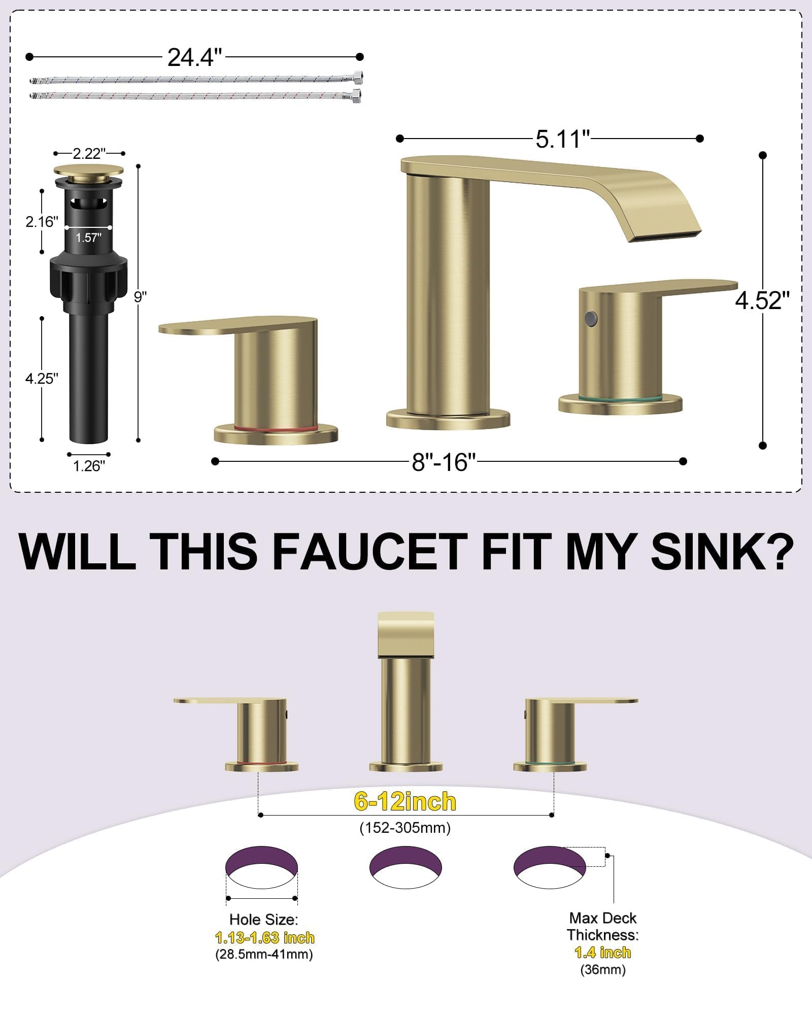 Homevacious dual-handle gold faucet for precise temperature control.