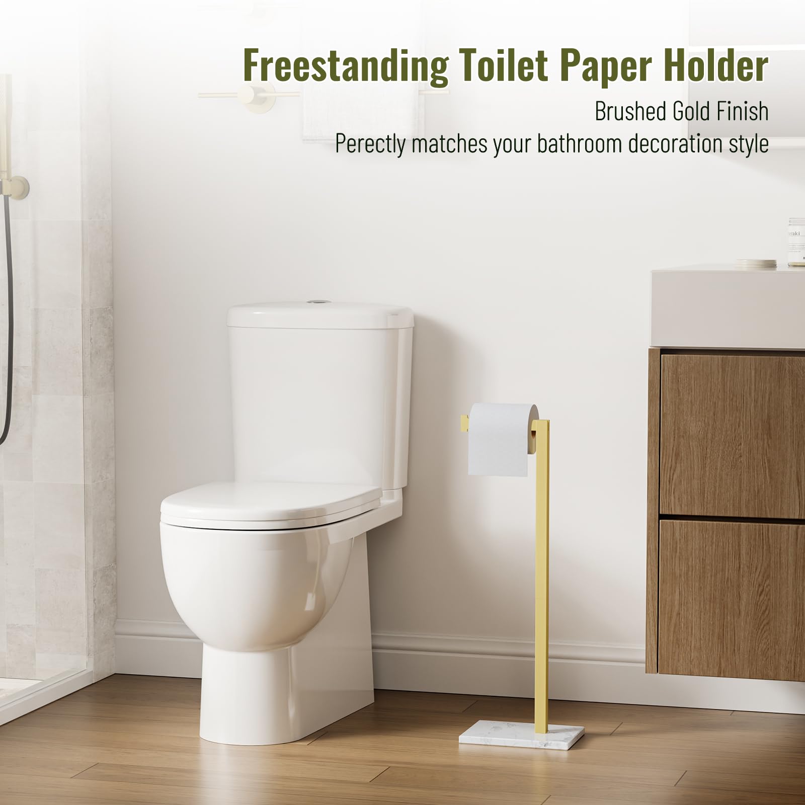 Homevacious Gold free-standing holder designed for easy placement in any bathroom.