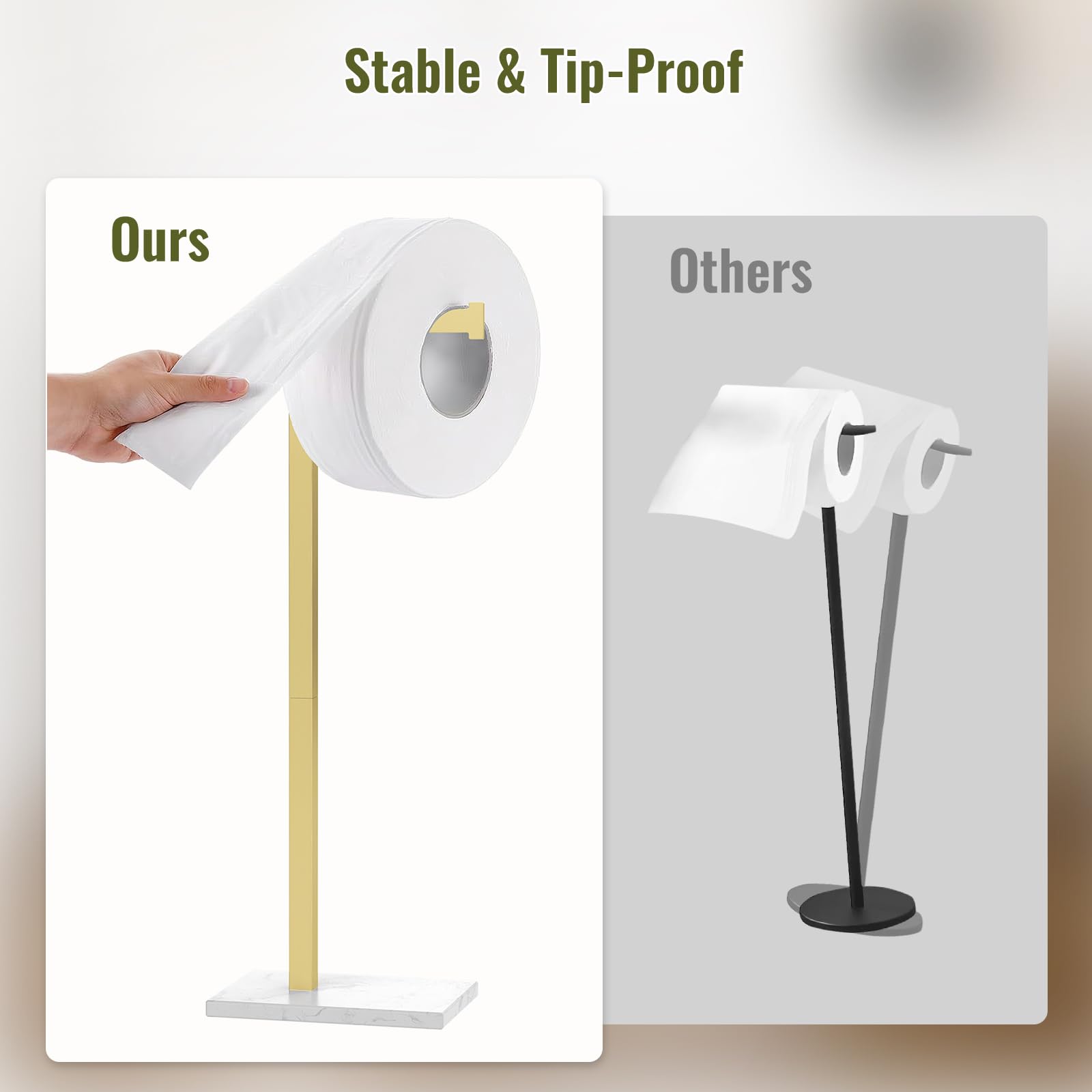 Homevacious Gold vertical storage holds extra rolls for quick replacements.