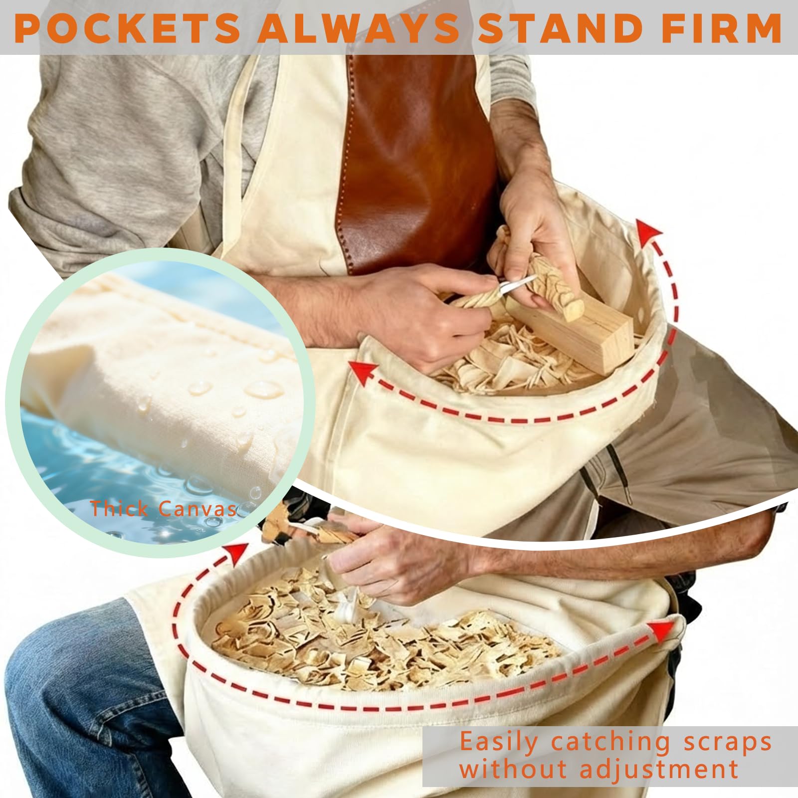 HOMFIXPRO woodworking apron showing side pockets for quick scrap access
