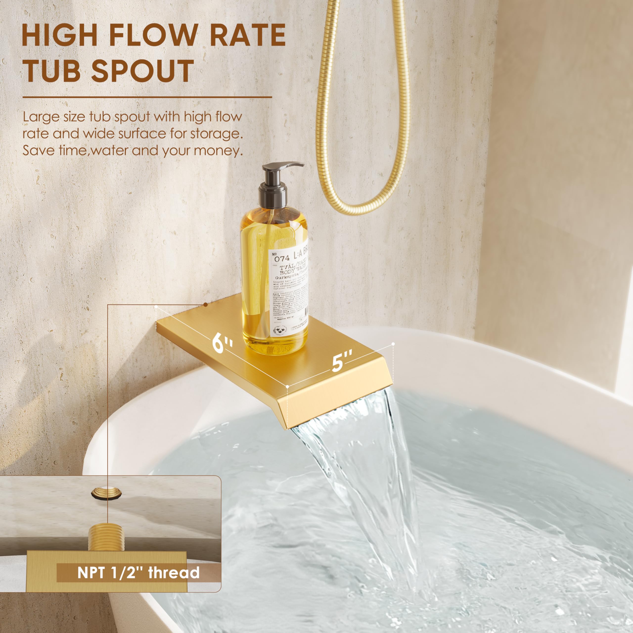 HomGoo Gold Shower System 6-inch tub spout for quick filling