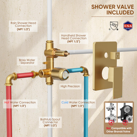 HomGoo Gold Shower System valve and trim kit for durability