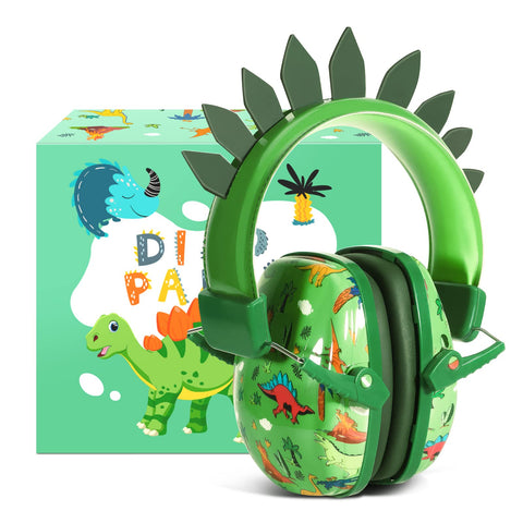 Homicozy dinosaur earmuffs front view showing secure kid friendly fit