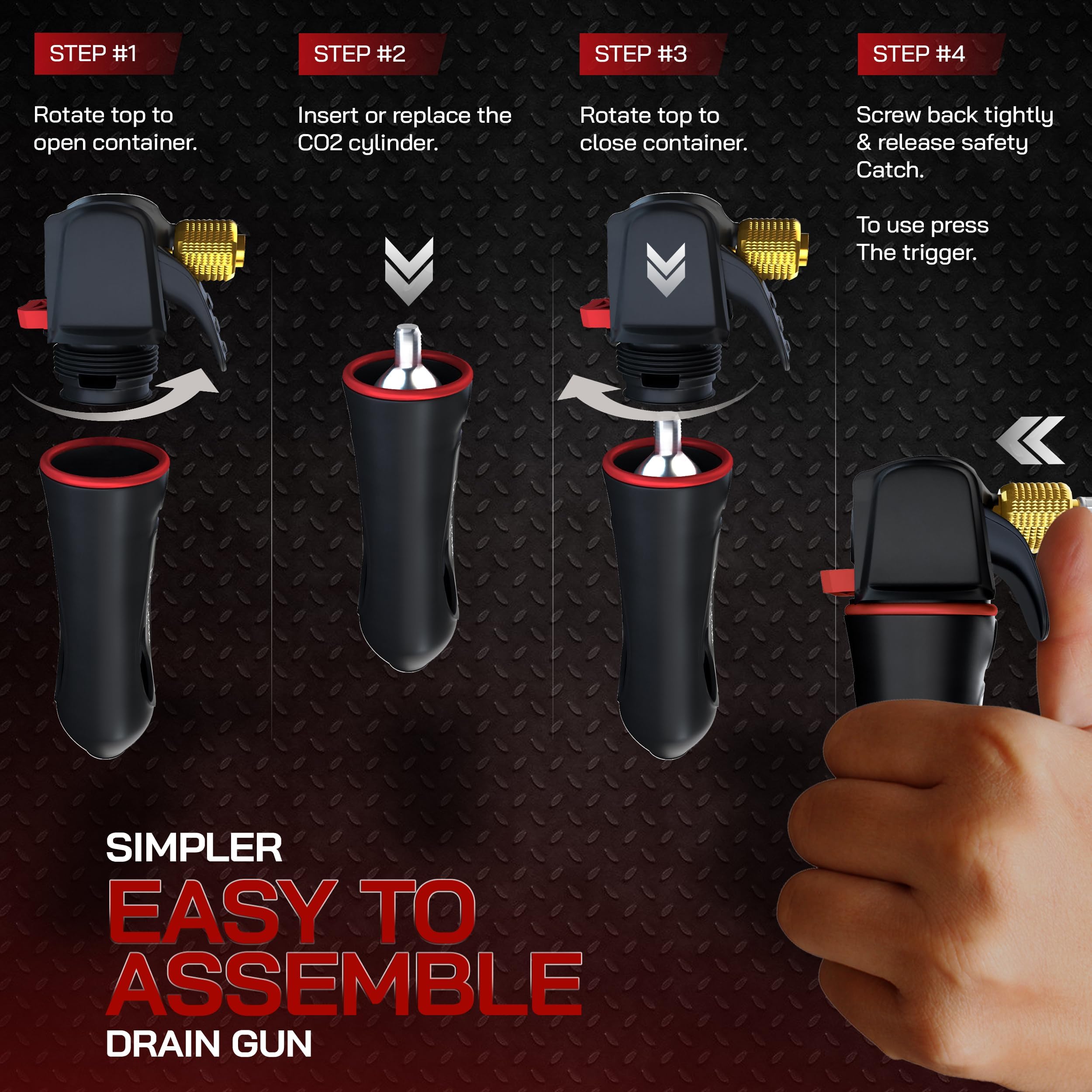 Homiom Gallo Drain Gun with CO2 cartridges enables mess-free drain cleaning.