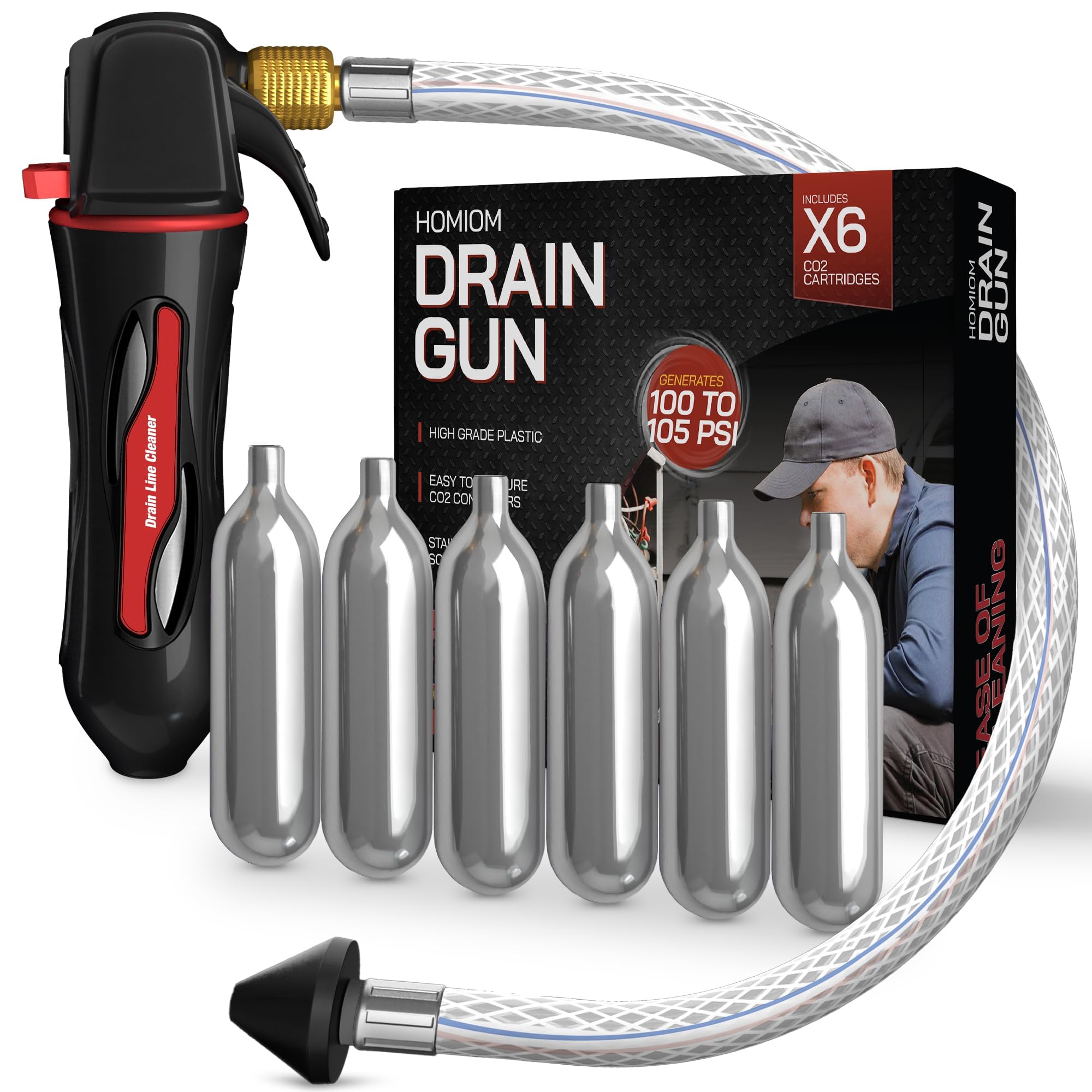 Homiom Gallo Drain Gun packaging shows compact setup for easy storage and transport.