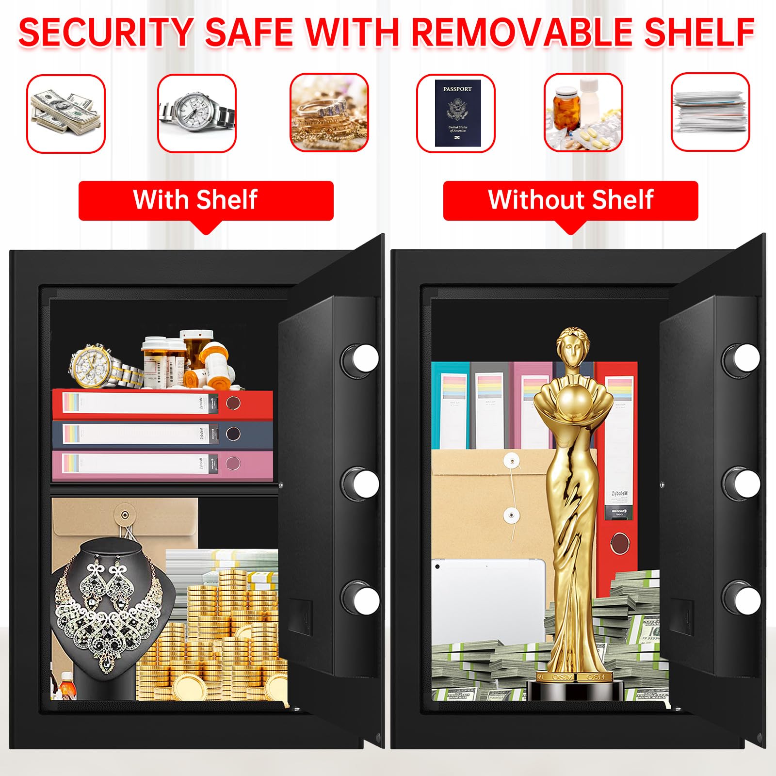 Homirxan removable shelf demonstrates adjustable storage for different items.