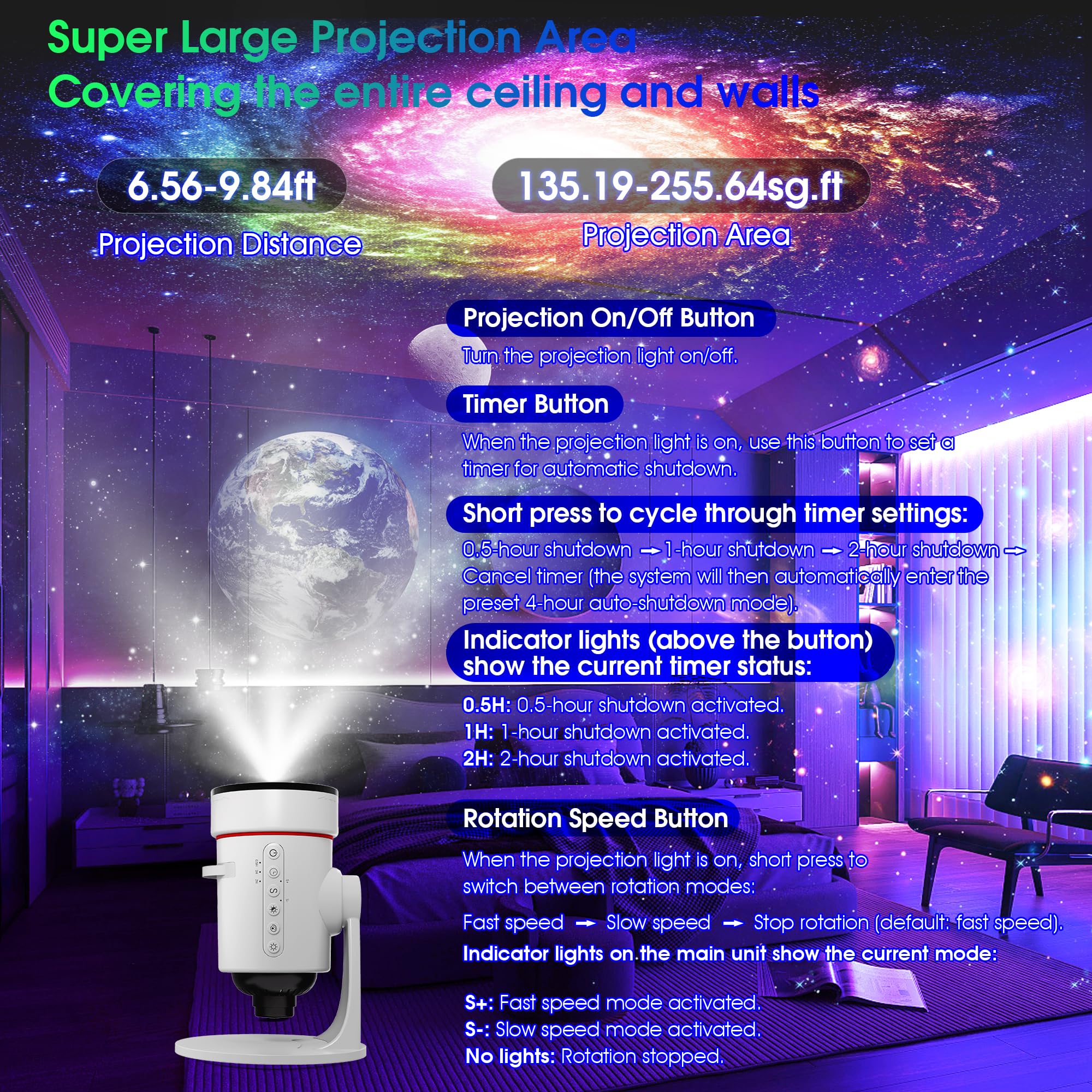 Hommkiety Galaxy Projector control panel makes setup simple and intuitive.