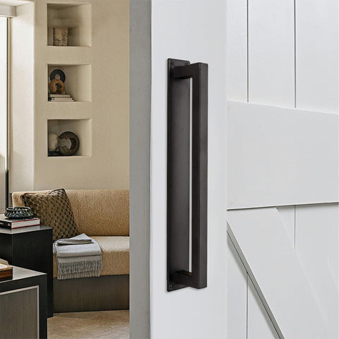 Homode 12-inch barn door handle in matte black for sturdy, smooth operation.