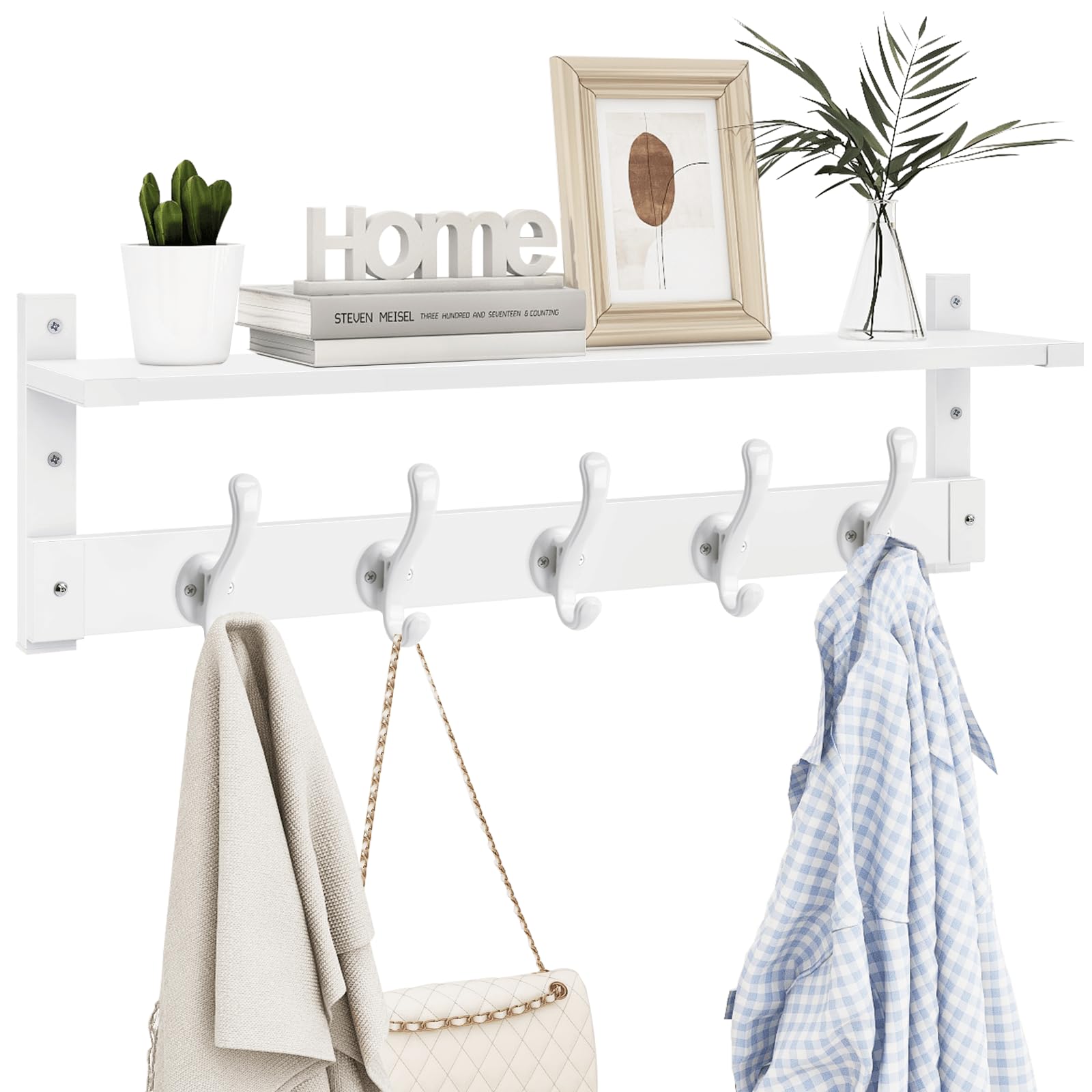 Homode coat rack with wall shelf in full view showing organized entryway storage