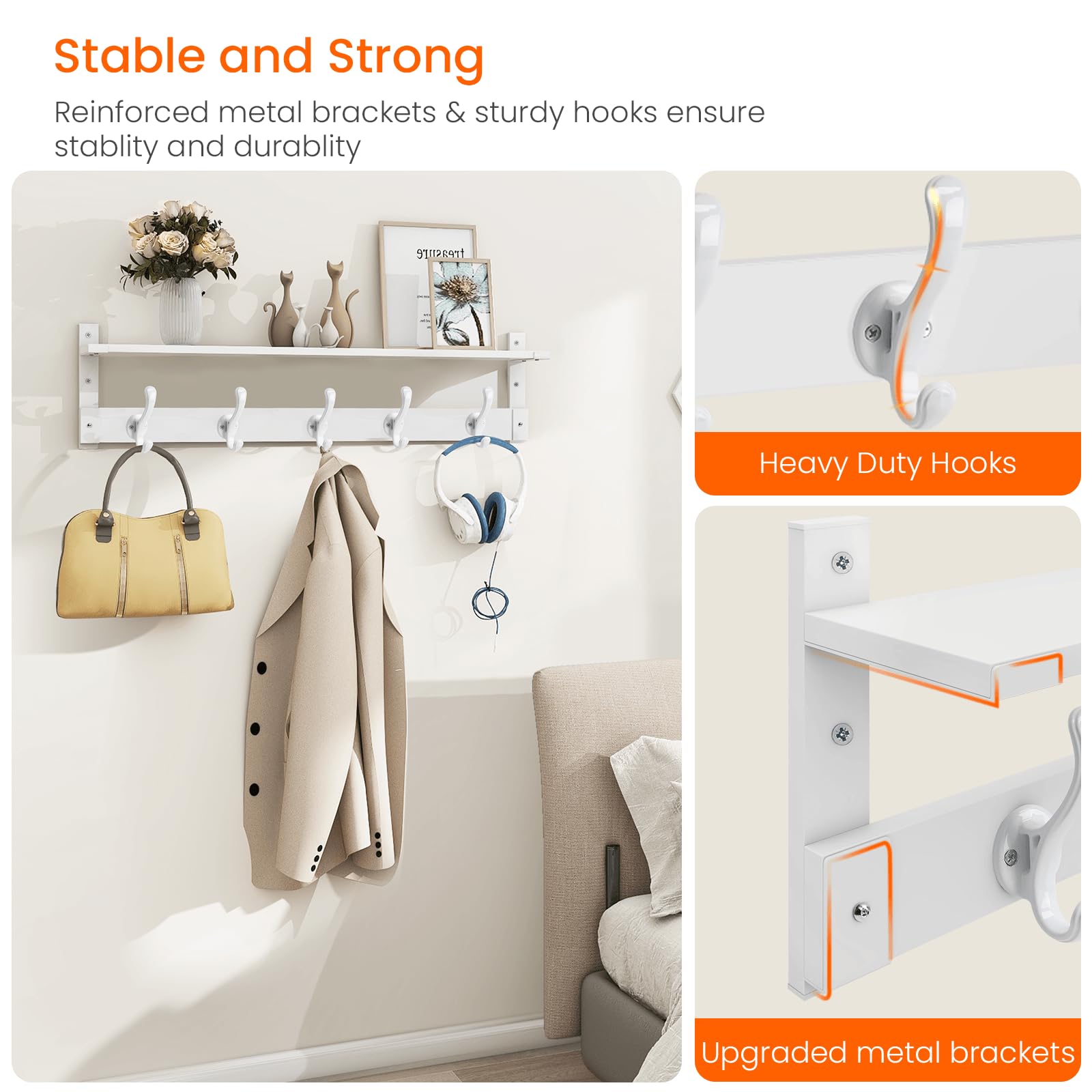 Homode rack with mounted hooks displaying coats and hats on the 29-inch rail