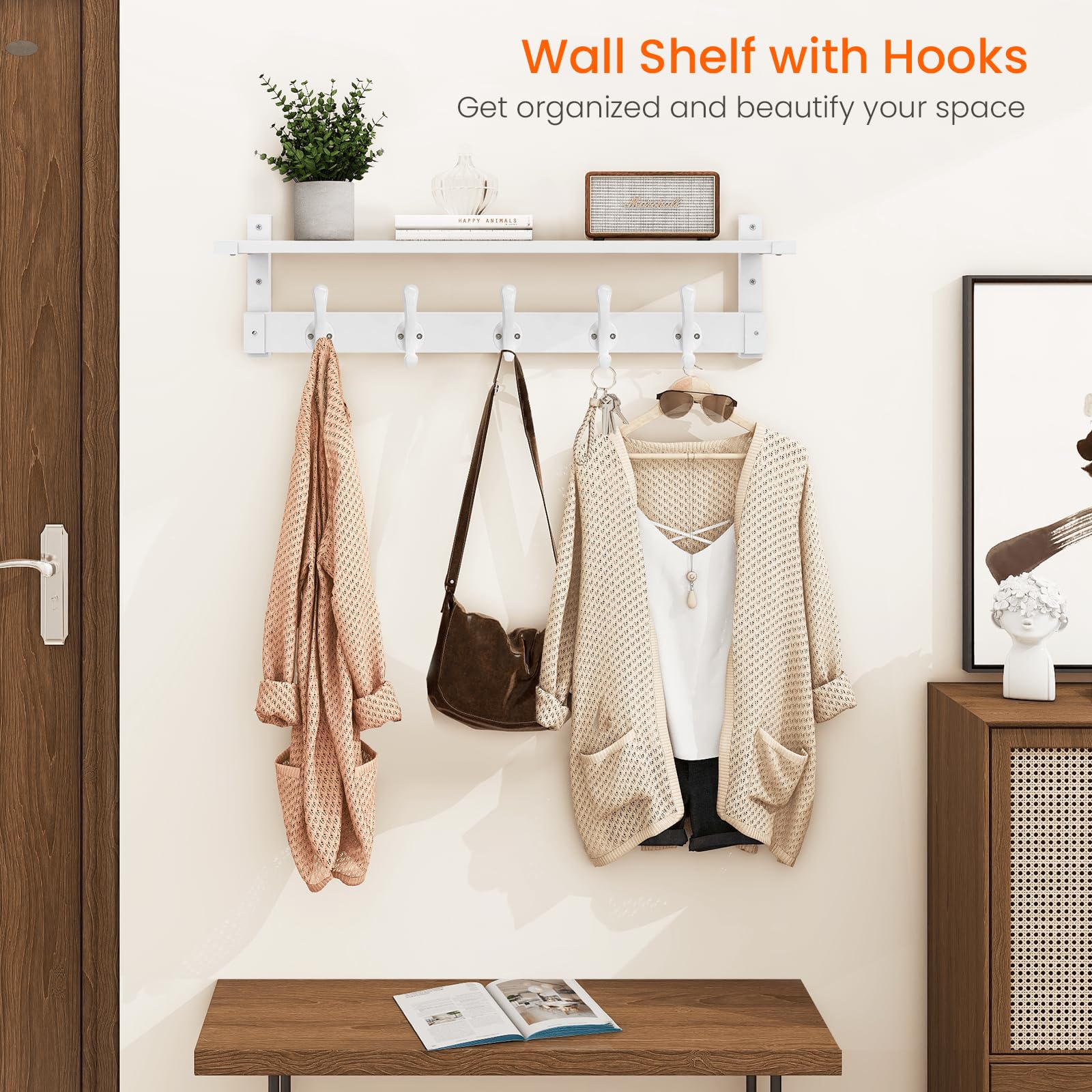Homode coat rack wall shelf close-up highlights sturdy hooks and white finish