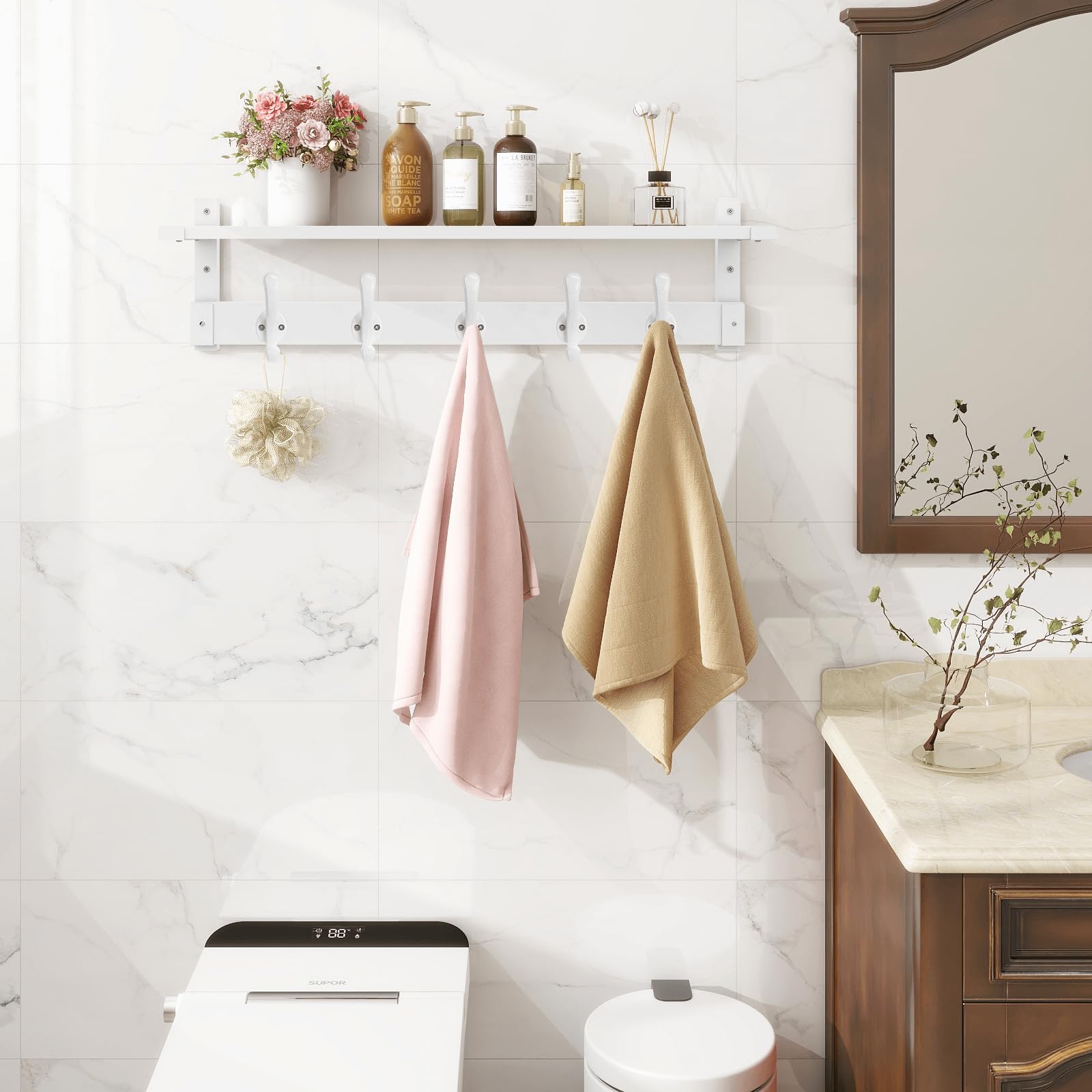 Homode top shelf holds keys, mail, and small decor items