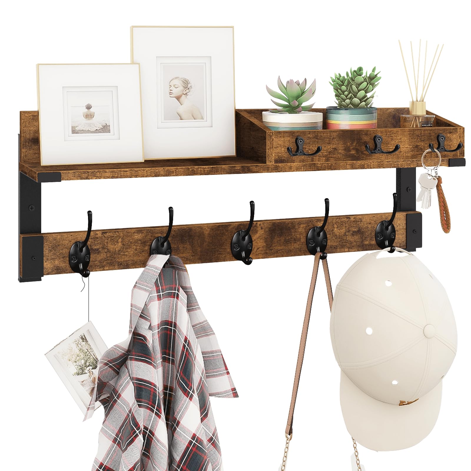 Homode coat rack with shelf in rustic wood keeps coats organized.