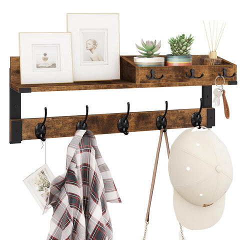 Homode coat rack with shelf in rustic wood keeps coats organized.