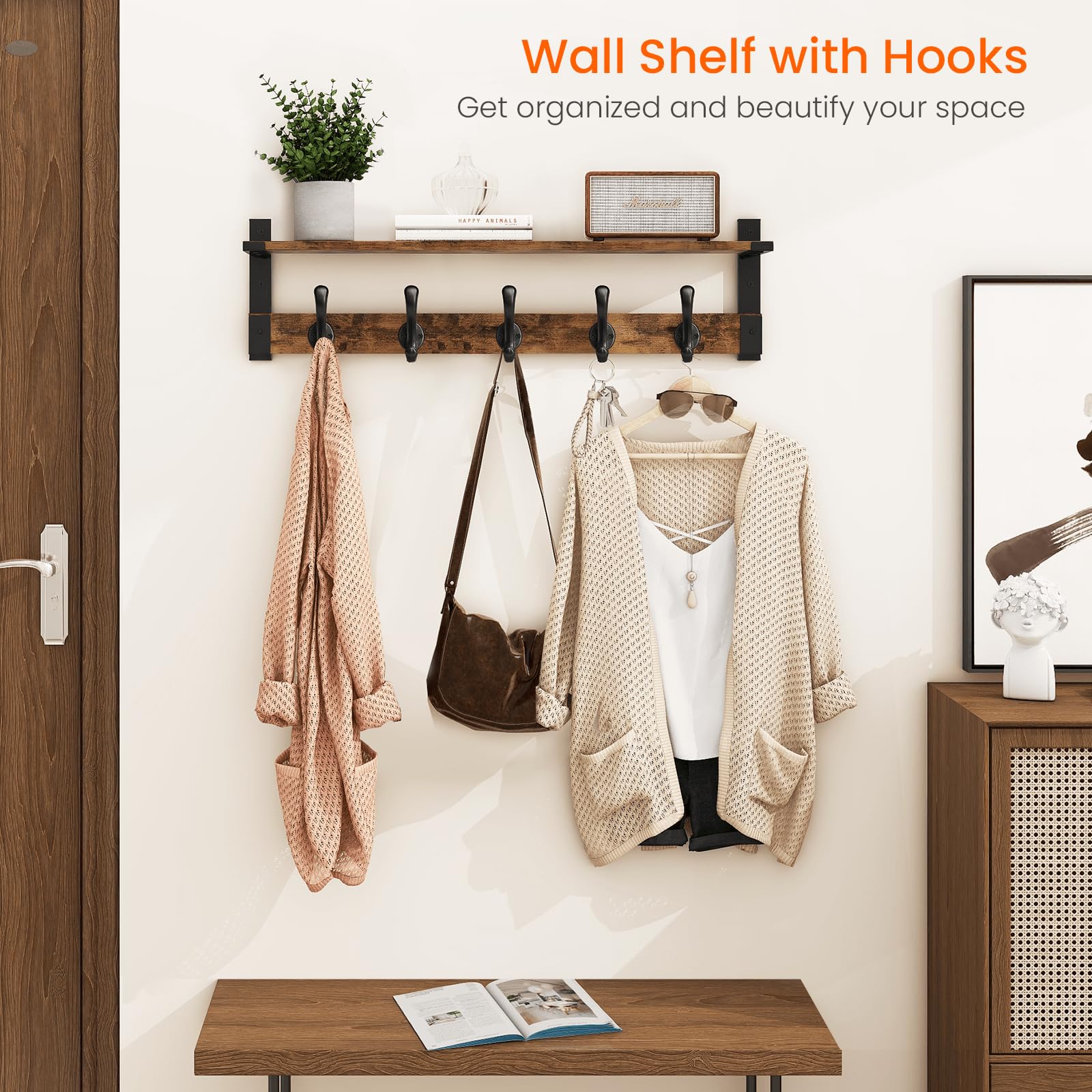 Homode coat rack wood shelf with five hooks for coats hats and bags.