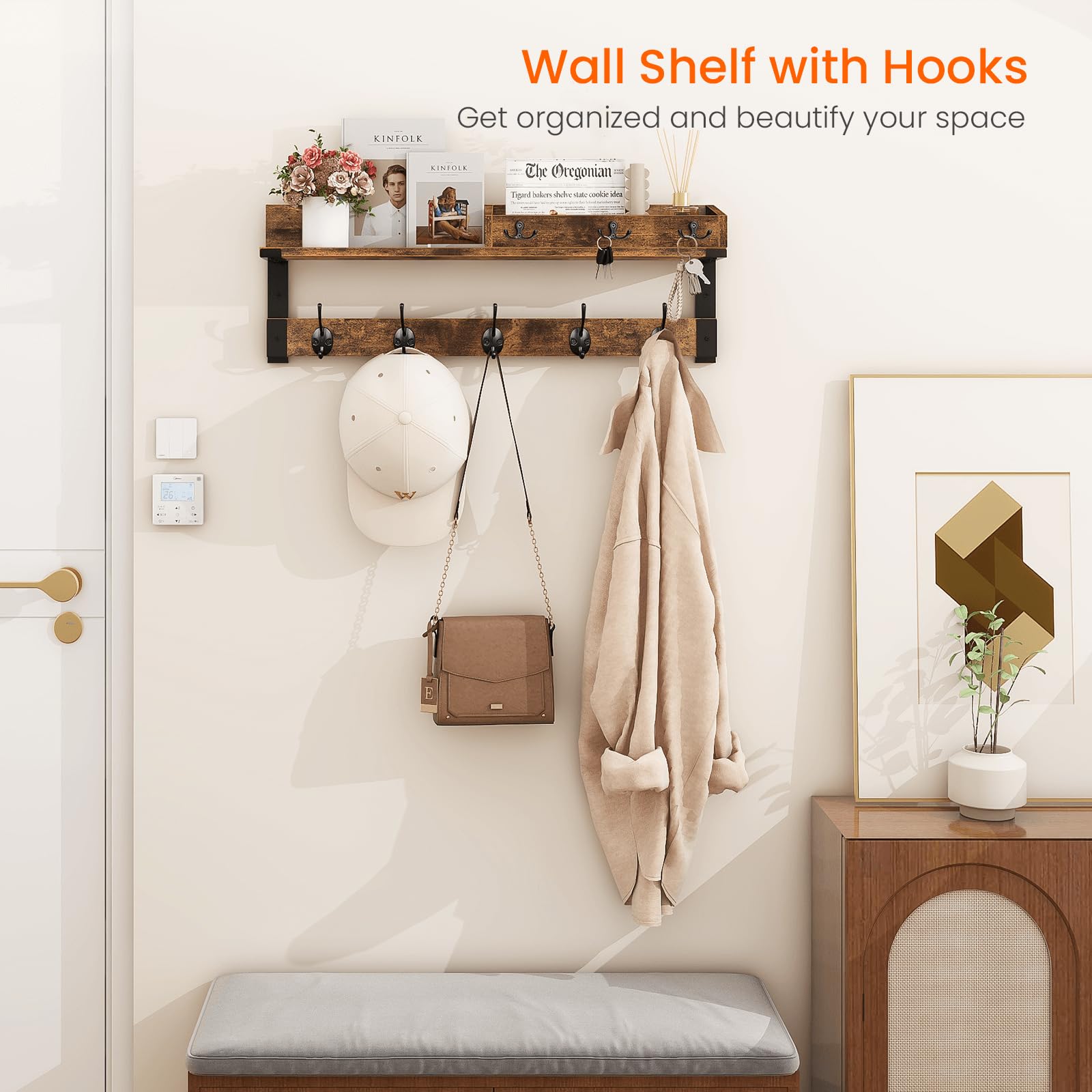 Homode entryway shelf with hooks for keys and mail at a glance.