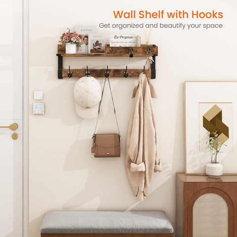 Homode entryway shelf with hooks for keys and mail at a glance.