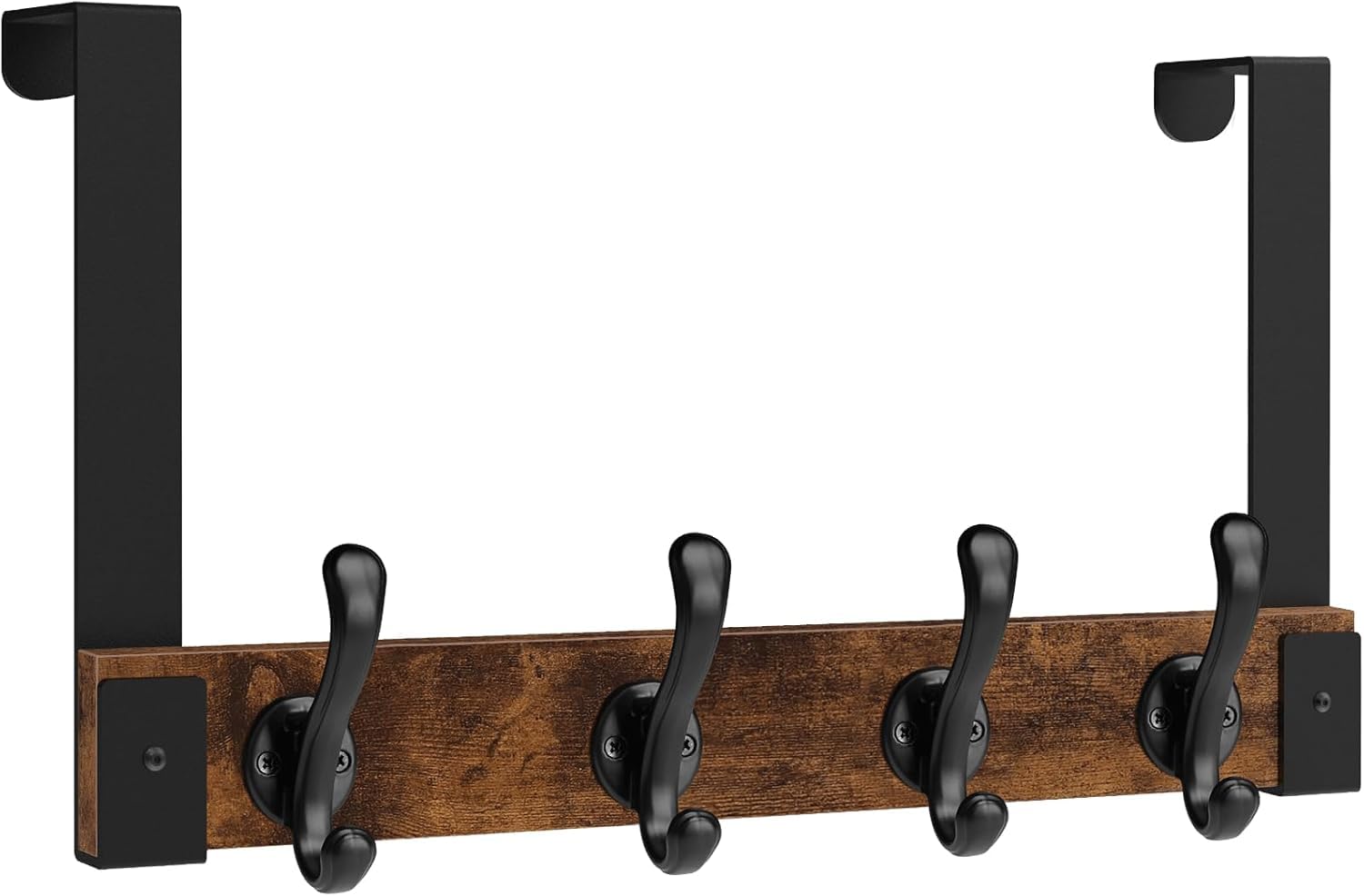 Homode over-the-door hooks front view shows rustic wood and black metal for sturdy organization.