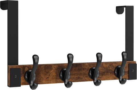 Homode over-the-door hooks front view shows rustic wood and black metal for sturdy organization.