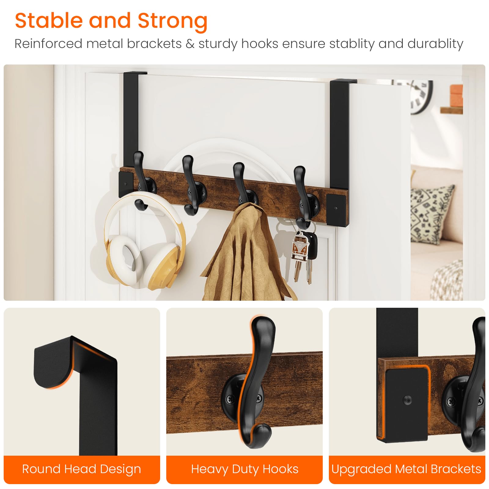 Homode over-the-door hooks mounted over door demonstrating space-saving rack for towels and coats.