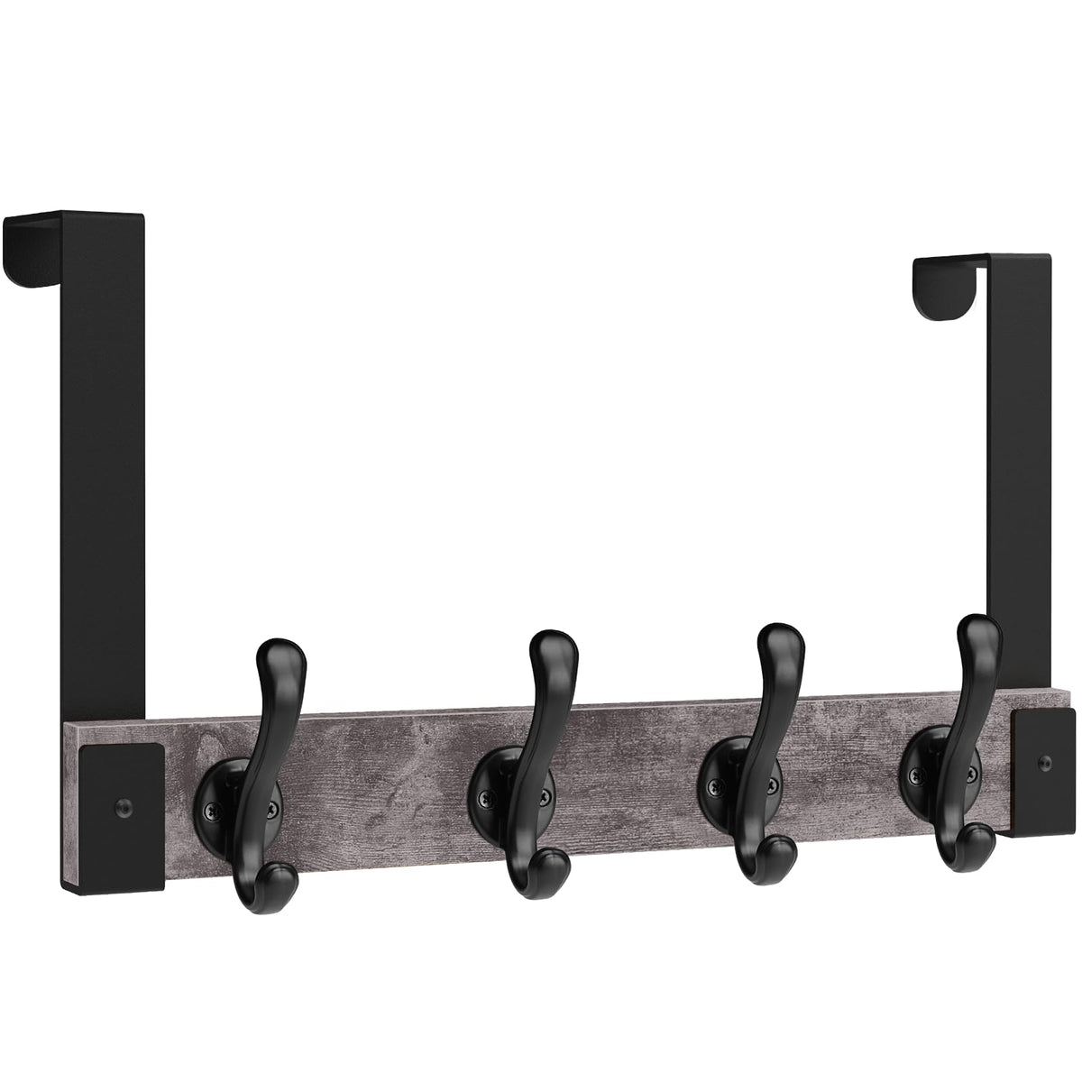 Homode over-the-door hooks in rustic grey wood hold towels securely.