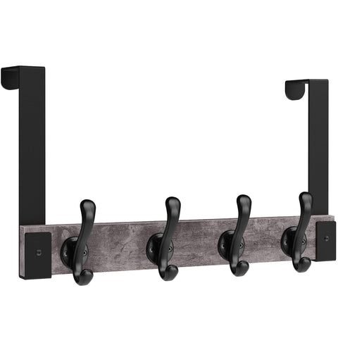 Homode over-the-door hooks in rustic grey wood hold towels securely.