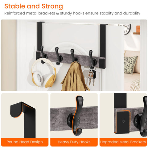 Homode rustic wood and black metal hooks provide sturdy door storage for coats and bags.
