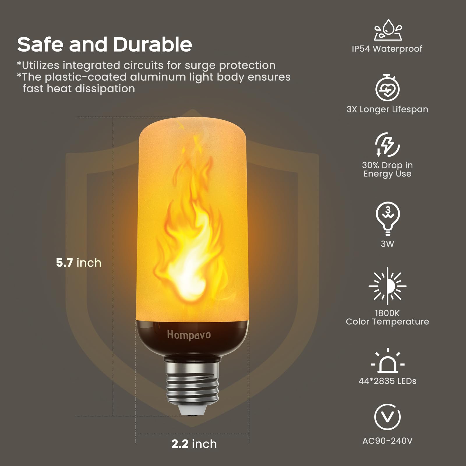 Hompavo Gen2 flame bulb showing 3 modes: flame, steady, gravity