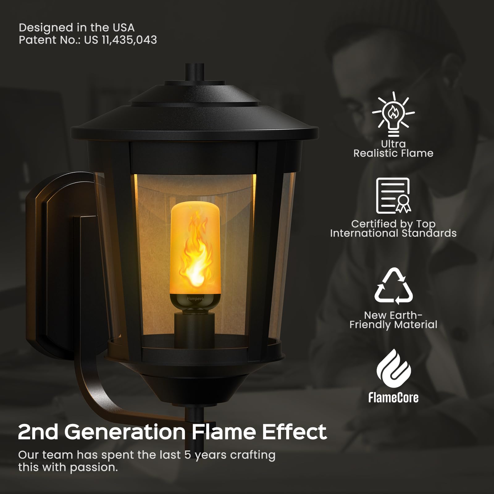 Hompavo Gen2 LED flame bulb on an outdoor porch with IP54 weather-ready design