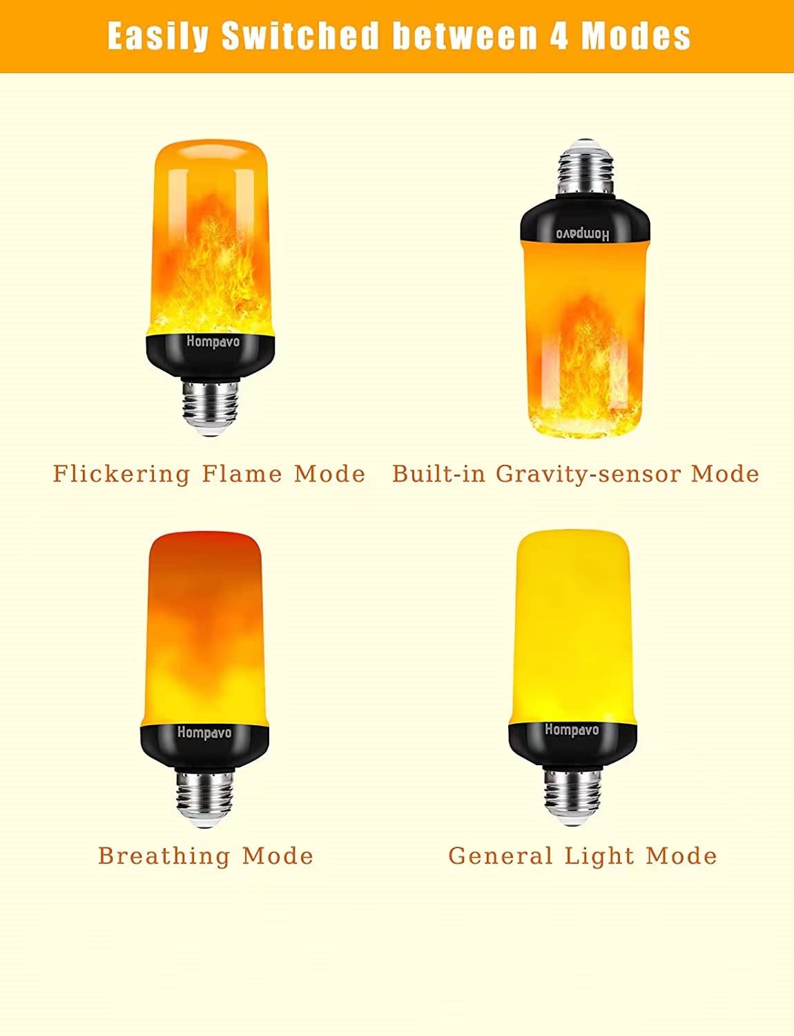 Hompavo flame light bulb closeup highlighting flame-like glow and 4-mode versatility.